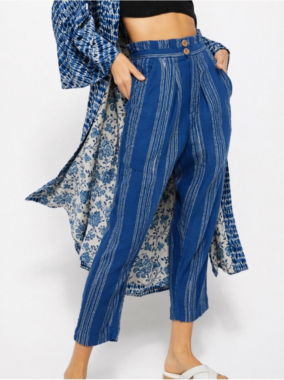 Free People Blue Striped Ankle Pants